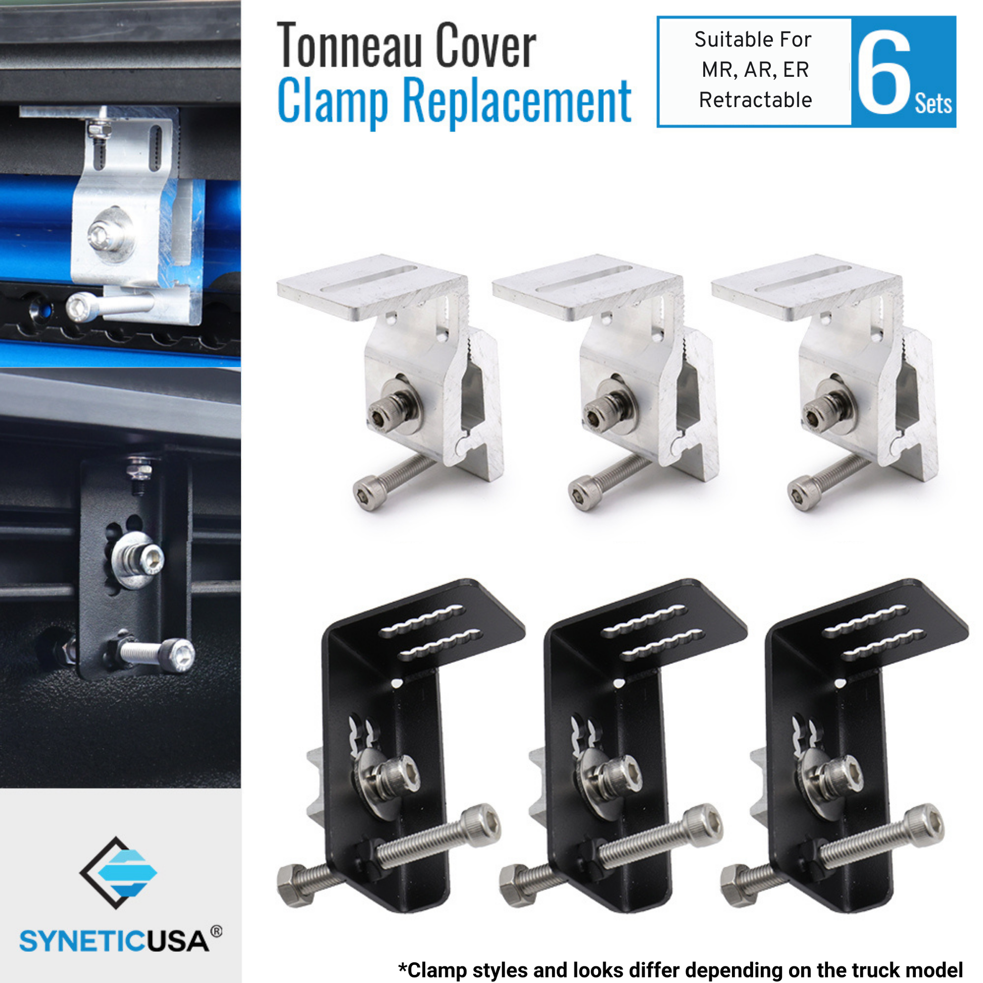 Syneticusa tonneau cover clamp replacements, consisting of six sets of clamps, suitable for MR, AR, ER retractable types. The image shows the clamps in silver and black colors with the brand logo.