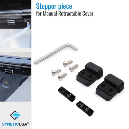 Stopper piece for manual retractable cover with hardware components on a white background, featuring the Synetic USA logo.