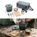 A camping cookware set shown in a two-panel collage: the top panel displays the products on a white background, including a dark green insulated bag, a matching pot, utensils, a cutting board, and metal cups. The bottom panel shows the set in use outdoors at a campsite table, with a person cooking food in the pot next to a tent.