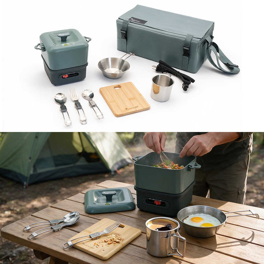 A camping cookware set shown in a two-panel collage: the top panel displays the products on a white background, including a dark green insulated bag, a matching pot, utensils, a cutting board, and metal cups. The bottom panel shows the set in use outdoors at a campsite table, with a person cooking food in the pot next to a tent.