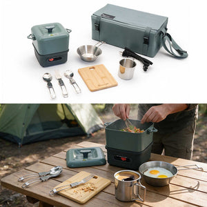 A camping cookware set shown in a two-panel collage: the top panel displays the products on a white background, including a dark green insulated bag, a matching pot, utensils, a cutting board, and metal cups. The bottom panel shows the set in use outdoors at a campsite table, with a person cooking food in the pot next to a tent.