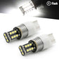 Two 7443 LED bulbs with a close-up of one showing light emission on a white background.