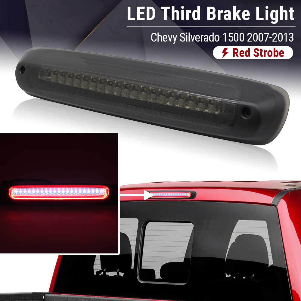 LED third brake light for Chevy Silverado 1500 with red strobe effect, shown on a car and close-up.