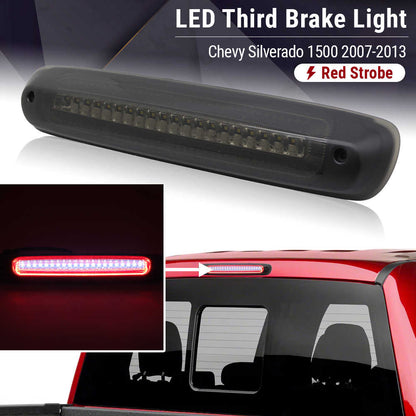 LED third brake light for Chevy Silverado 1500 with red strobe effect, shown on a car and close-up.