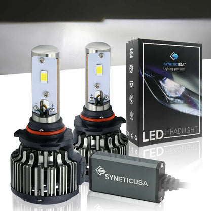 SYNETICUSA LED headlight bulbs with packaging on a reflective surface