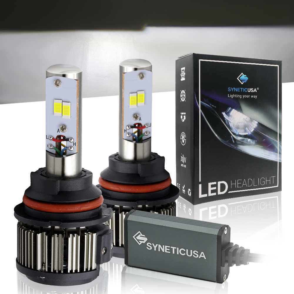 SYNETICUSA LED headlight bulbs with packaging on a reflective surface