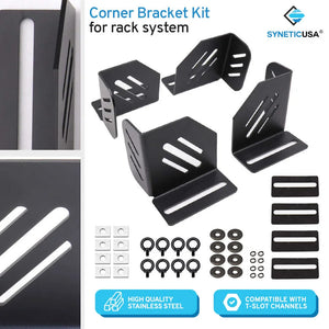 Corner bracket kit for rack system with SYNETICUSA branding on a white background