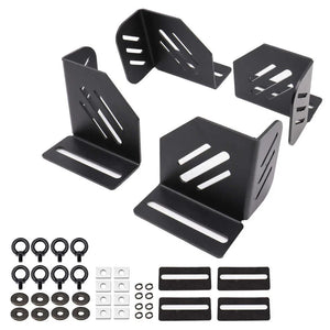 Set of black stainless steel corner brackets and fasteners on a white background