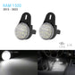 Two black 1500 RAM 2013-2023 car LED under-seat light bulbs shown on a white background, with text indicating 16 white LEDs and a bottom panel showing the bright white light emitted and installed in a car interior.