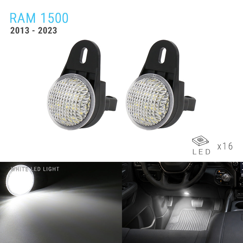 Two black 1500 RAM 2013-2023 car LED under-seat light bulbs shown on a white background, with text indicating 16 white LEDs and a bottom panel showing the bright white light emitted and installed in a car interior.
