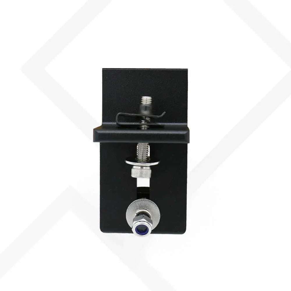 A black metal mounting bracket with a threaded screw connector and a silver metal ring, shown against a white background with a faint gray geometric watermark.