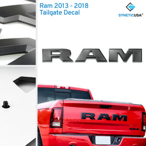 A matte black plastic tailgate letter decal insert for a 2014 and up RAM 1500 truck, designed to fit on the tailgate of the truck.