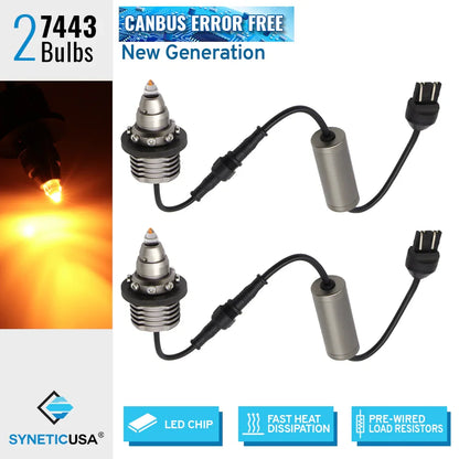Two Bullet-Shaped CANBUS Error Free LED Turn Signal Bulbs (3157 7443 1157, Detachable) shown with LED chip, fast heat dissipation, and pre-wired load resistors against a white background. Brand: SYNETICUSA.