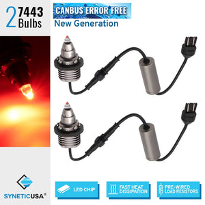 Two Bullet-Shaped CANBUS Error Free LED Turn Signal Bulbs (7443) are shown with wiring and cylindrical resistors. Text highlights “New Generation,” LED chip, fast heat dissipation, and pre-wired load resistors.