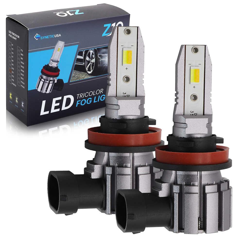 Two LED H11 H9 H8 fog light bulbs with packaging in the background