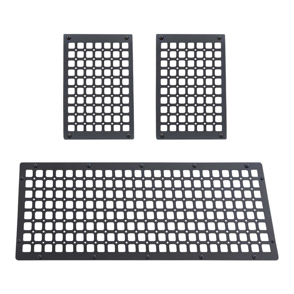 Three black rectangular stainless steel molle panel for SYNETICUSA FMC series of different sizes arranged on a plain white background.