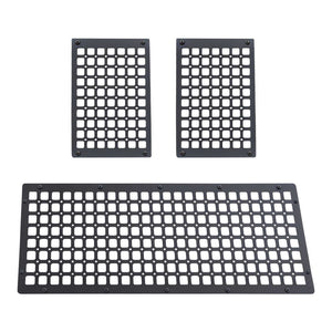 Three black rectangular stainless steel molle panel for SYNETICUSA FMC series of different sizes arranged on a plain white background.