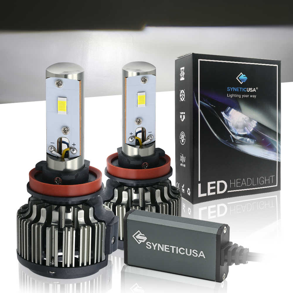 SYNETICUSA LED headlight bulbs with packaging on a reflective surface