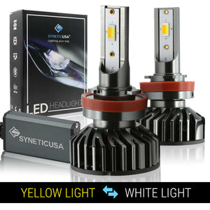 SYNETICUSA LED white/amber headlights with packaging on a white background