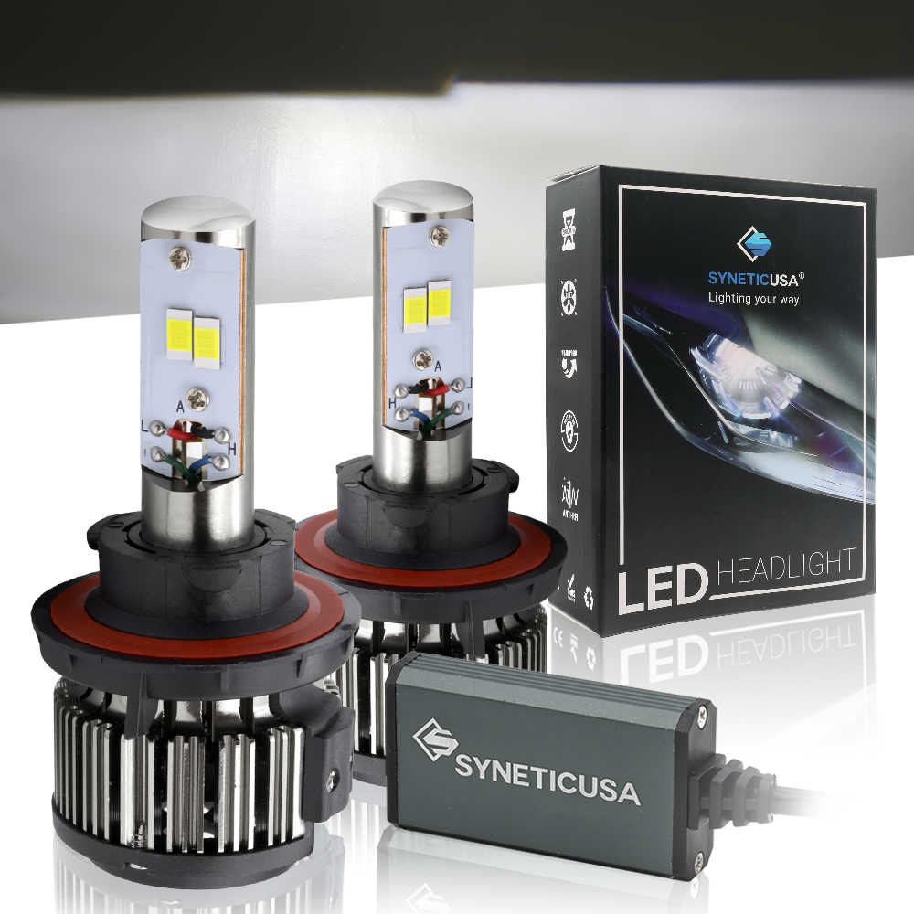SYNETICUSA LED headlight bulbs with packaging on a reflective surface