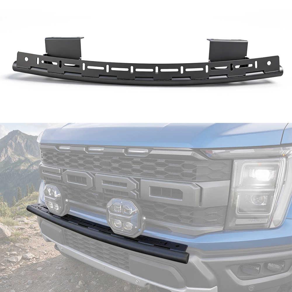 A black metal truck front bumper guard shown in two views: a clean isolated product shot at the top and a faded in-car application view on the front of a blue Ford truck at the bottom. No person or animal is present.