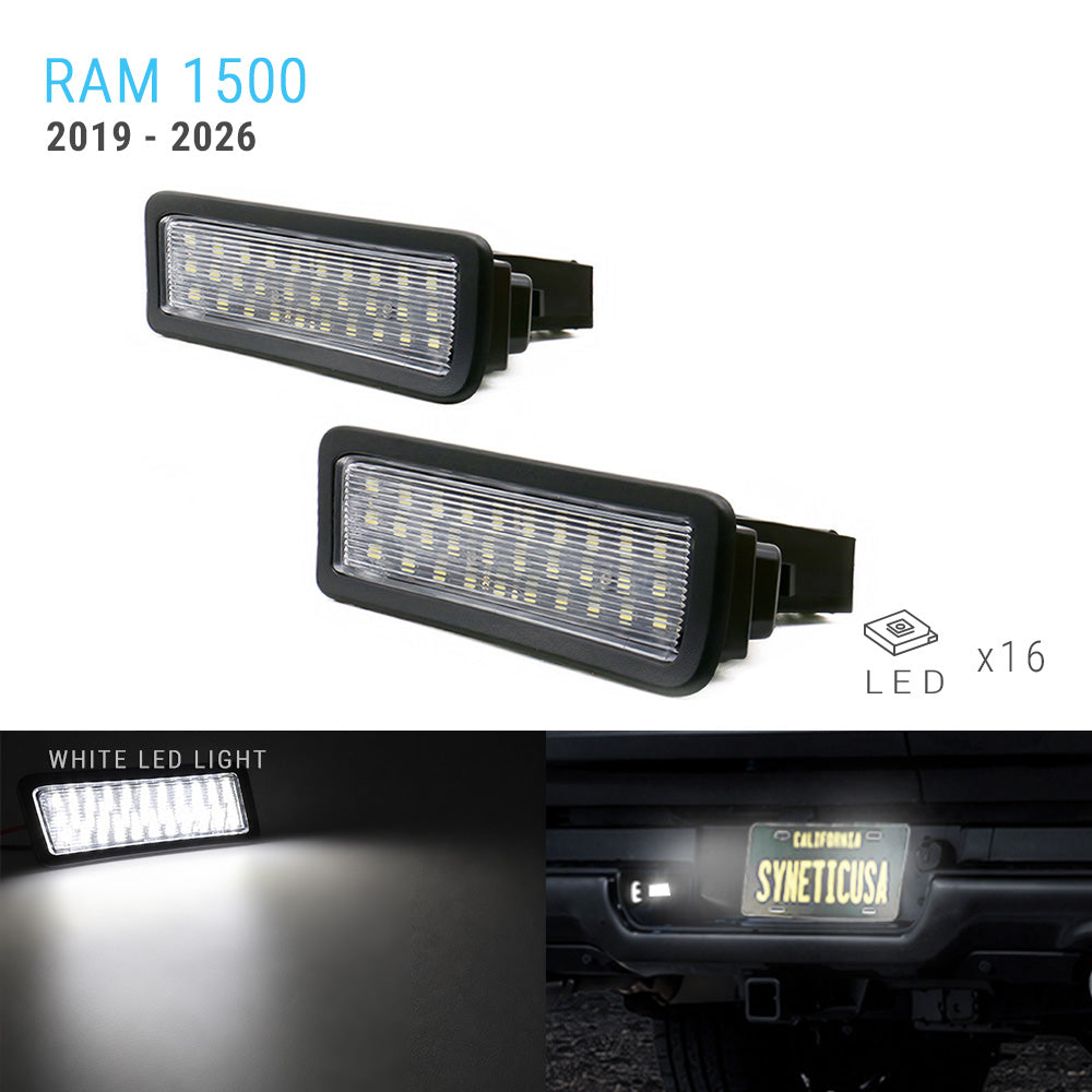 Two black rectangular LED license plate light bars shown on a white background, with text reading 'RAM 1500 2019 - 2026', 'LED x16', a white light effect preview, and a dark car-mounted view showing illumination.