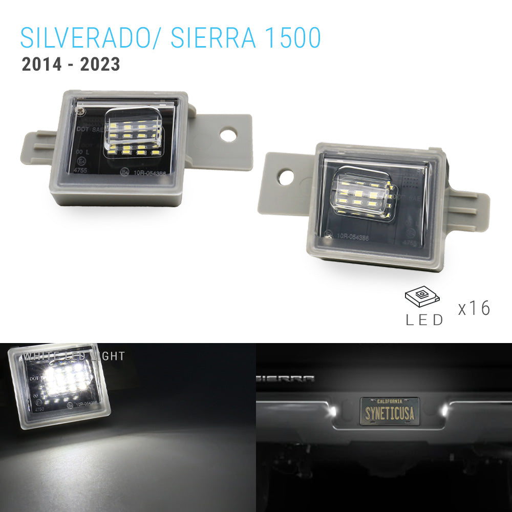 Two silver LED license plate light units for a 2014-2023 Silverado/Sierra 1500, shown on a white background with one illuminated view in the bottom left and an installed view in the bottom right.