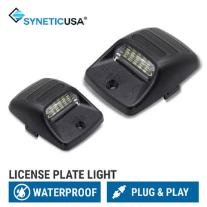 Two license plate lights with SYNETICUSA branding on a white background
