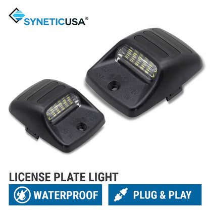 Two license plate lights with SYNETICUSA branding on a white background