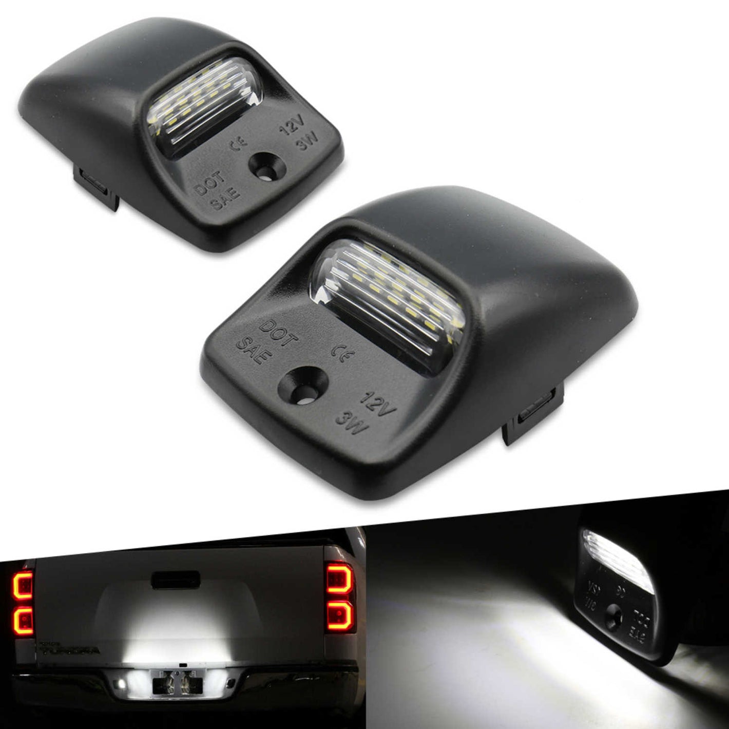 Two black car LED license plate lights with inset images showing their light output.