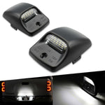Two black car LED license plate lights with inset images showing their light output.