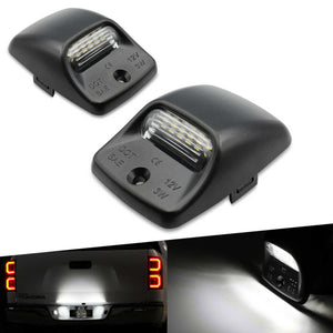 Two black car LED license plate lights with inset images showing their light output.