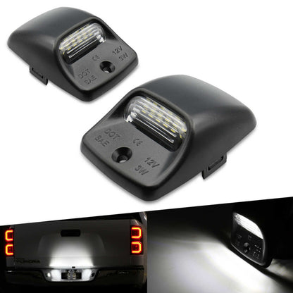 Two black car LED license plate lights with inset images showing their light output.