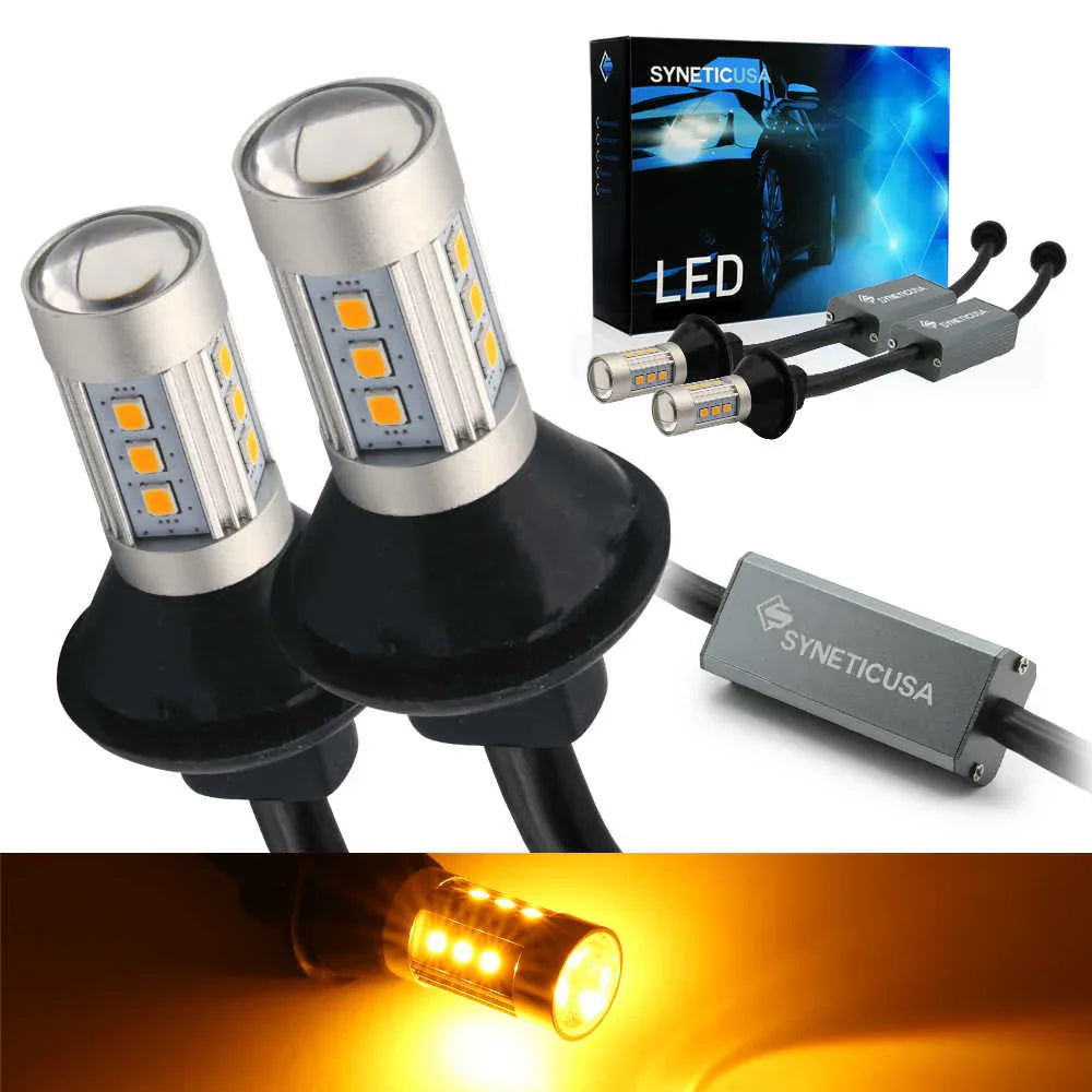 SYNETICUSA LED car yellow light bulbs and accessories on a white background