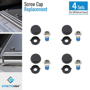 Four sets of replacement screw caps for MB retractable canister panel, displayed with screws and caps against a white background, alongside an example usage on the left.