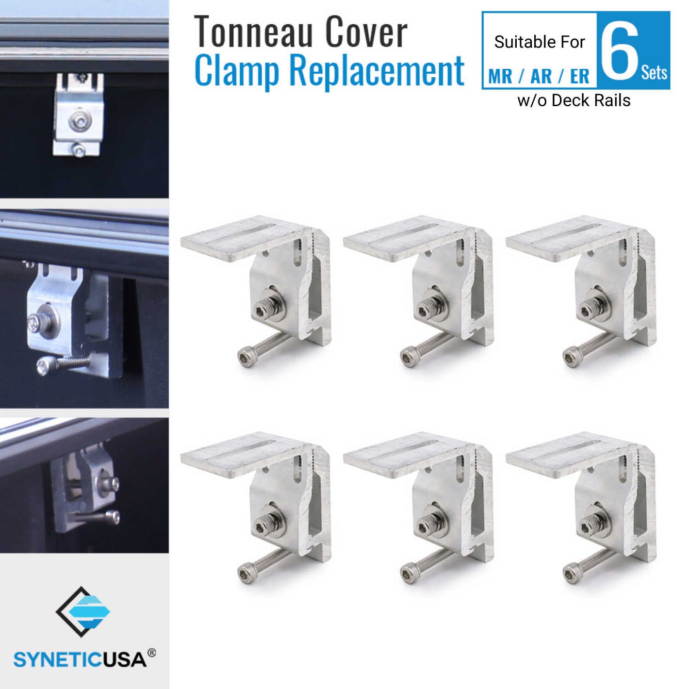Syneticusa tonneau cover clamp replacements, consisting of six sets of clamps, suitable for MR, AR, ER retractable types. The image shows the clamps in silver and black colors with the brand logo.