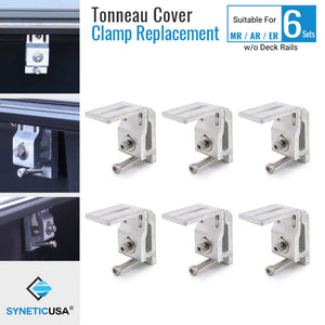 Syneticusa tonneau cover clamp replacements, consisting of six sets of clamps, suitable for MR, AR, ER retractable types. The image shows the clamps in silver and black colors with the brand logo.