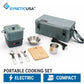 SyneticUSA portable electric cooking set displayed on a white background, including a compact electric stove, insulated carrying bag, stainless steel pot, cup, utensils, cutting board, and power cord. Text at the bottom reads 'PORTABLE COOKING SET' with 'ELECTRIC' and 'COMPACT' badges.