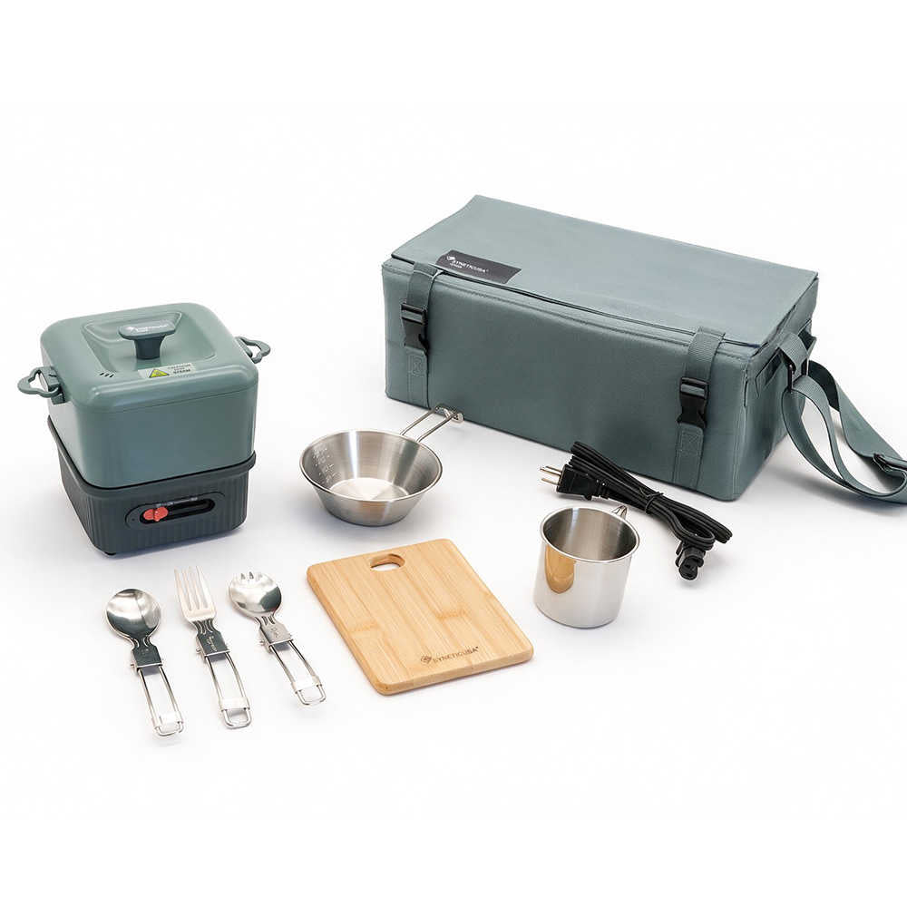 A camping cooking set arranged on a white background, including a gray insulated container, a matching carrying bag, stainless steel pots and utensils, a wooden cutting board, and a power cord.