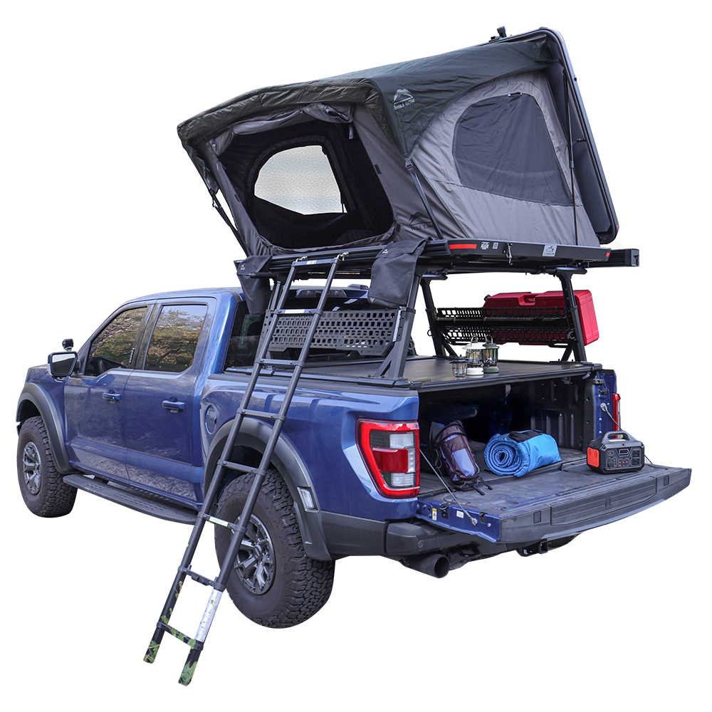 Blue F150 with an open desert cruiser rooftop tent and ladder on a white background