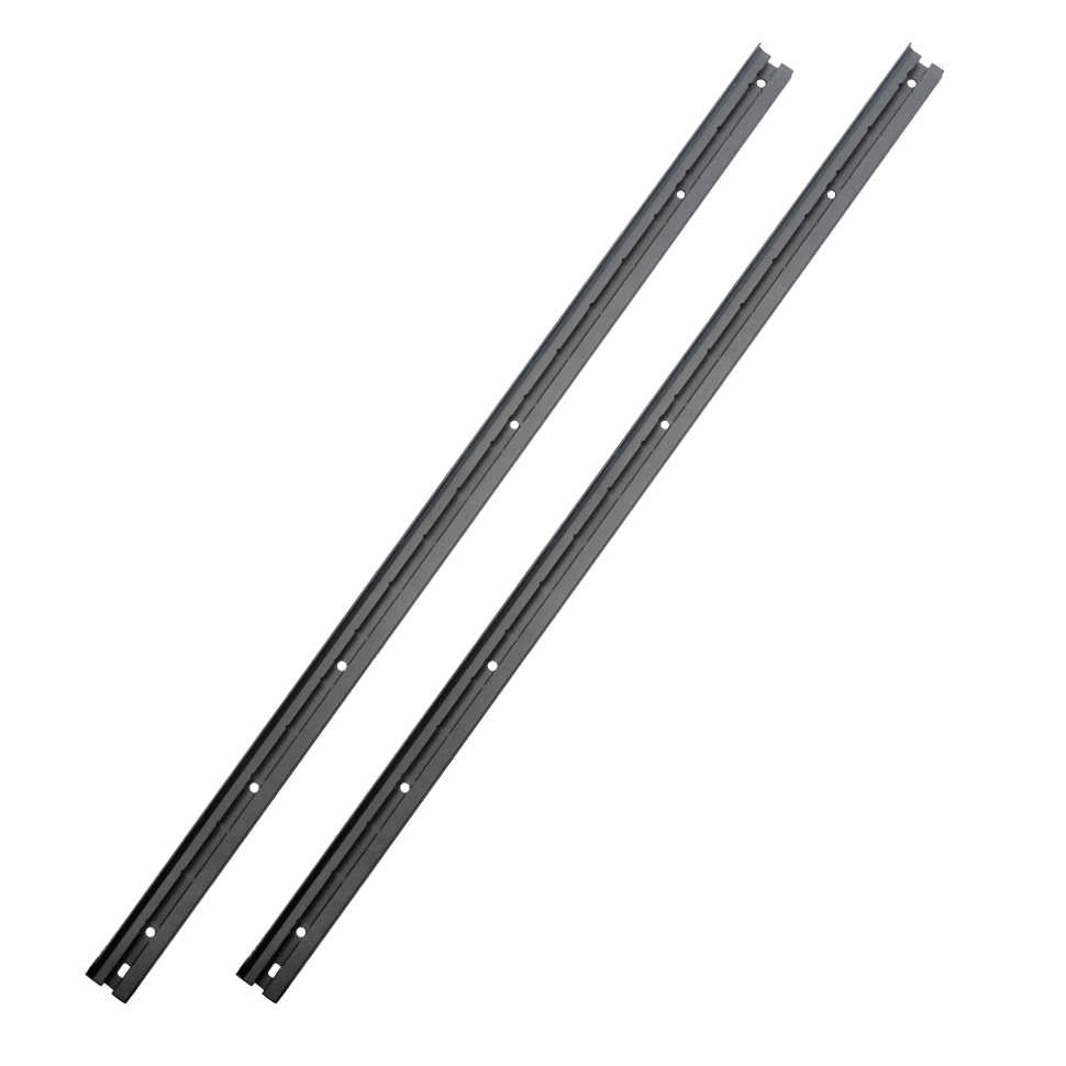 Two long black RAMBOX factory cargo rails with pre-drilled screw holes, shown diagonally on a plain white background.