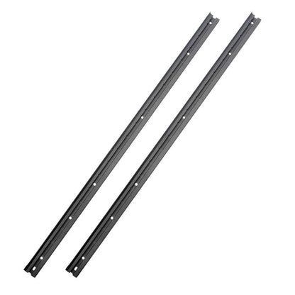 Two long black RAMBOX factory cargo rails with pre-drilled screw holes, shown diagonally on a plain white background.