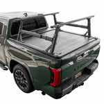 SyneticUSA R1 rack and tonneau cover installed on green Tundra with a white background