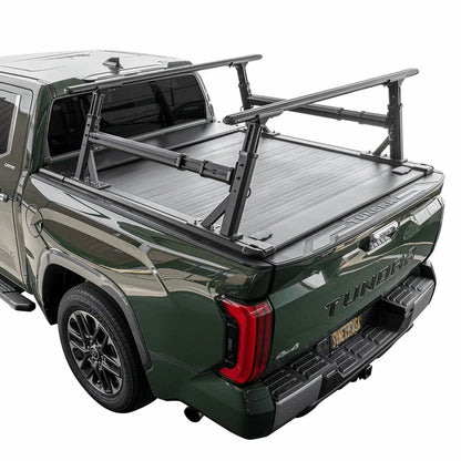 SyneticUSA R1 rack and tonneau cover installed on green Tundra with a white background