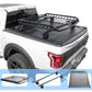 truck bed rack system on a white truck with additional components displayed below.