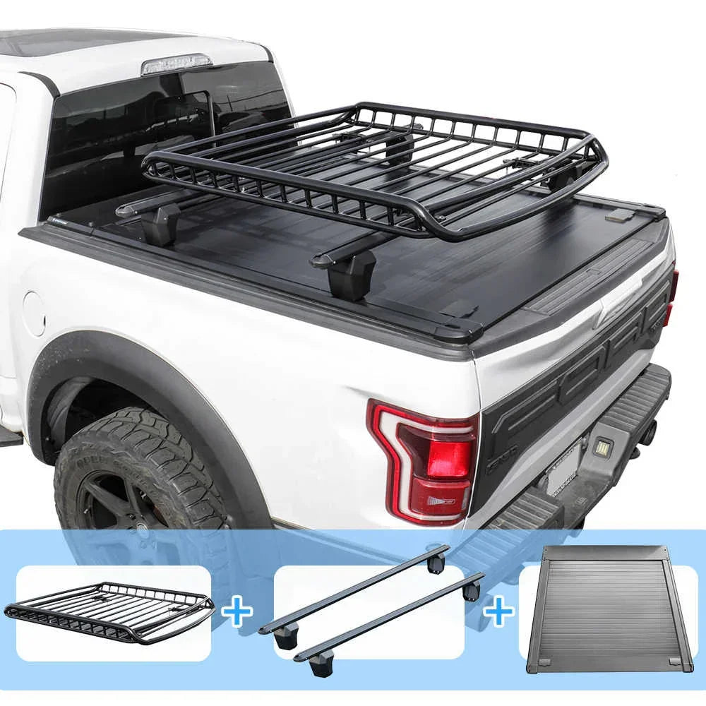 truck bed rack system on a white truck with additional components displayed below.