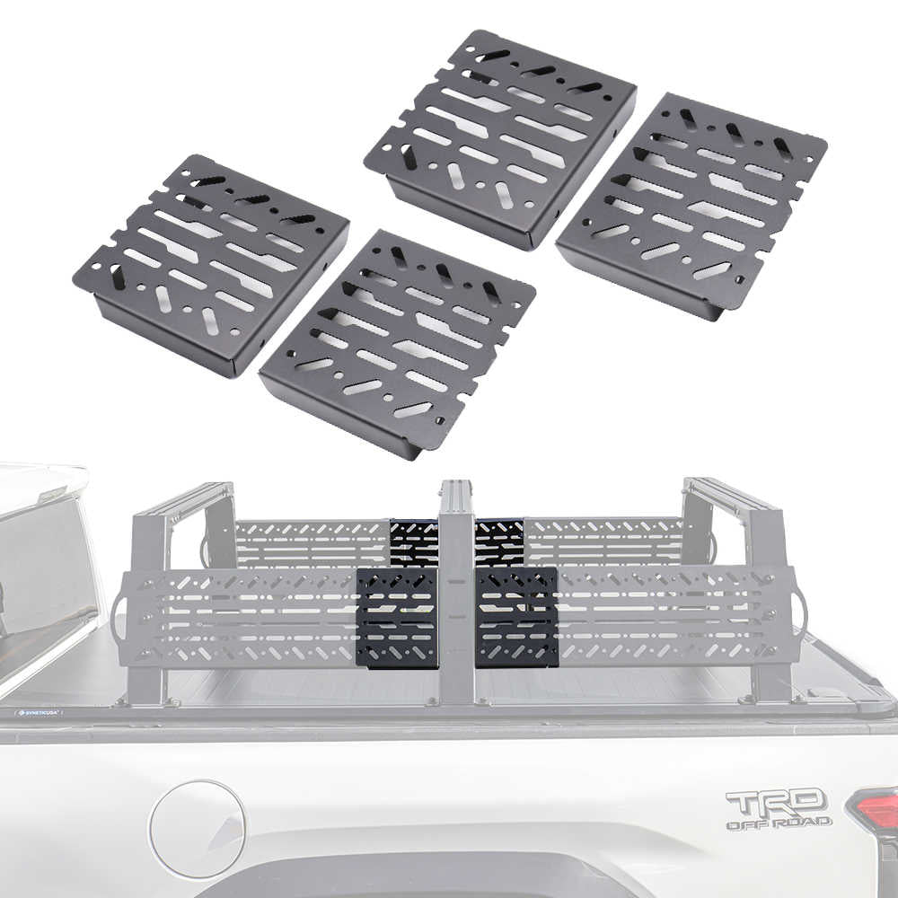 Four extension panels shown above a faded in-use view of the same rack mounted on a truck bed. The product appears to be a set of truck bed rack grates or cargo rack components.