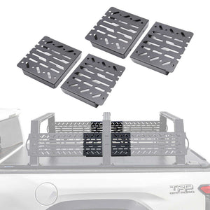 Four extension panels shown above a faded in-use view of the same rack mounted on a truck bed. The product appears to be a set of truck bed rack grates or cargo rack components.