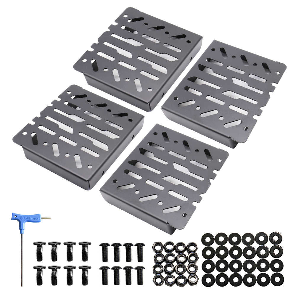 Four dark side panel plates with elongated cutouts, shown with a blue hex key, black screws, washers, and nuts on a white background.