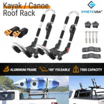 Kayak and canoe roof rack system with SYNETICUSA branding, showing features and usage on a vehicle.